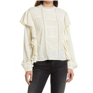TREASURE & BOND Embroidered Ruffle Cotton Blouse - Ivory Birch. Size XL